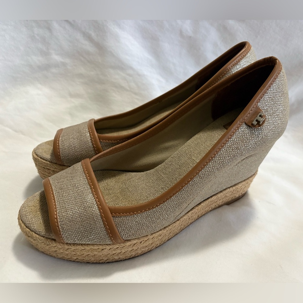 Tory Burch Majorca Cream and Brown Canvas Wedge Espadrilles